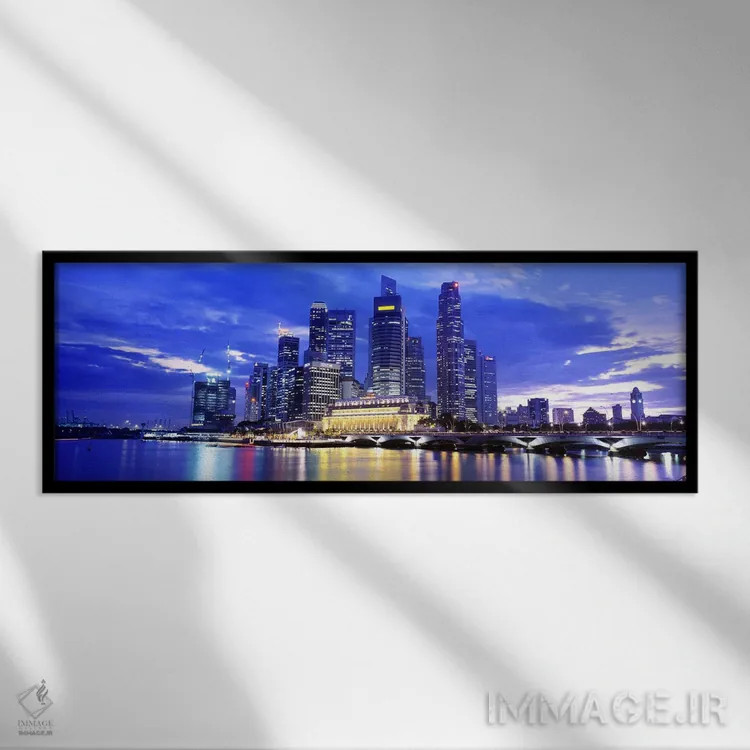 تابلو Singapore,خط افق مرکز شهر در غروب آفتاب، سنگاپور اثر پانورامیک ایمجز (استودیو عکاسی عریض) - نمای قابدار مشکی