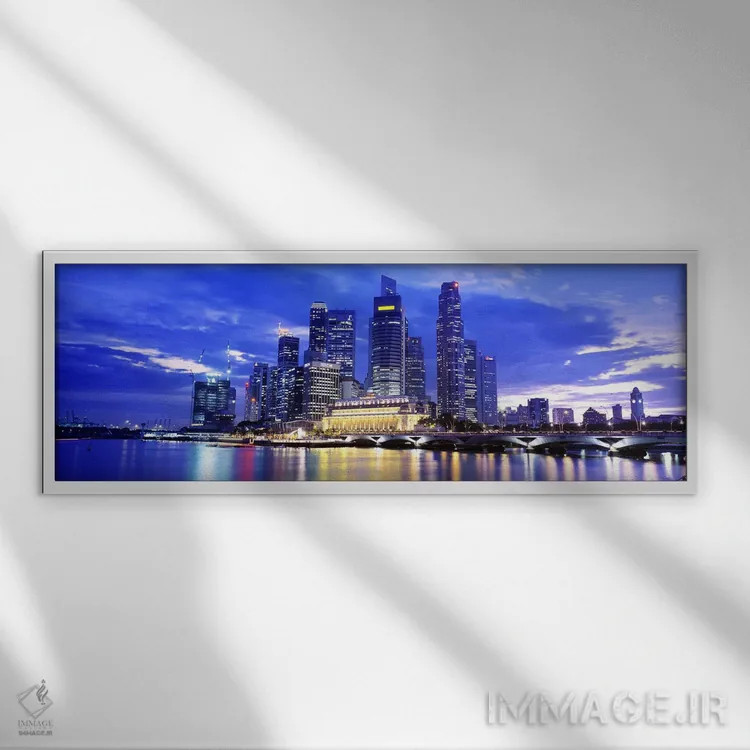 تابلو Singapore,خط افق مرکز شهر در غروب آفتاب، سنگاپور اثر پانورامیک ایمجز (استودیو عکاسی عریض) - نمای قابدار سفید