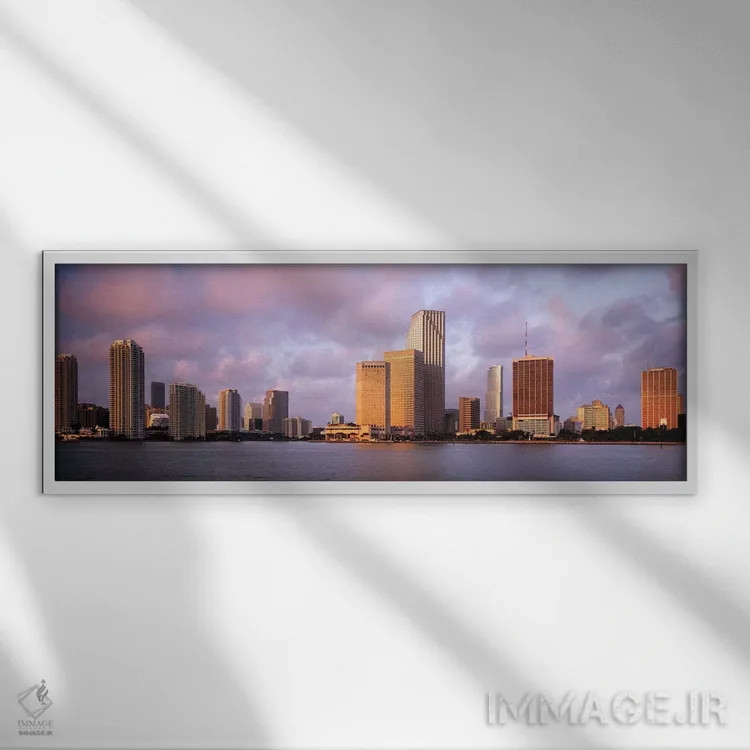 تابلو Miami, Florida, USA,ساحل و خط افق شهر هنگام غروب، میامی، فلوریدا، ایالات متحده آمریکا اثر پانورامیک ایمجز (استودیو عکاسی عریض) - نمای قابدار سفید