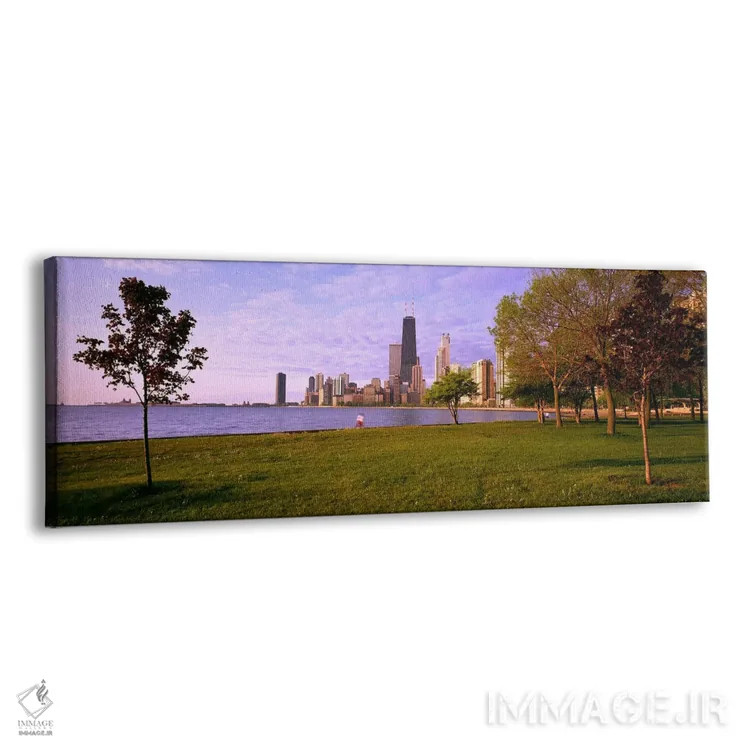 تابلو Lincoln Park, Lake Michigan, Chicago, Illinois, USA,درختان در پارکی با دریاچه و ساختمانها در پسزمینه، پارک لینکلن، دریاچه میشیگان، شیکاگو، ایلینوی، ایالات متحده آمریکا اثر پانورامیک ایمجز (استودیو عکاسی عریض) - نمای پرسپکتیو محصول