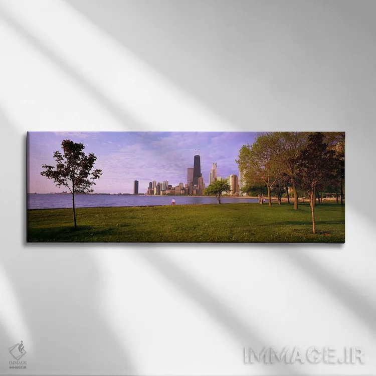 تابلو Lincoln Park, Lake Michigan, Chicago, Illinois, USA,درختان در پارکی با دریاچه و ساختمانها در پسزمینه، پارک لینکلن، دریاچه میشیگان، شیکاگو، ایلینوی، ایالات متحده آمریکا اثر پانورامیک ایمجز (استودیو عکاسی عریض) - نمای روبهرو روی دیوار