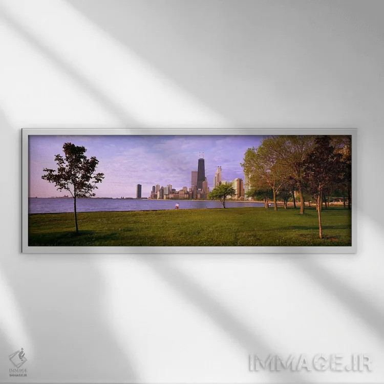 تابلو Lincoln Park, Lake Michigan, Chicago, Illinois, USA,درختان در پارکی با دریاچه و ساختمانها در پسزمینه، پارک لینکلن، دریاچه میشیگان، شیکاگو، ایلینوی، ایالات متحده آمریکا اثر پانورامیک ایمجز (استودیو عکاسی عریض) - نمای قابدار سفید