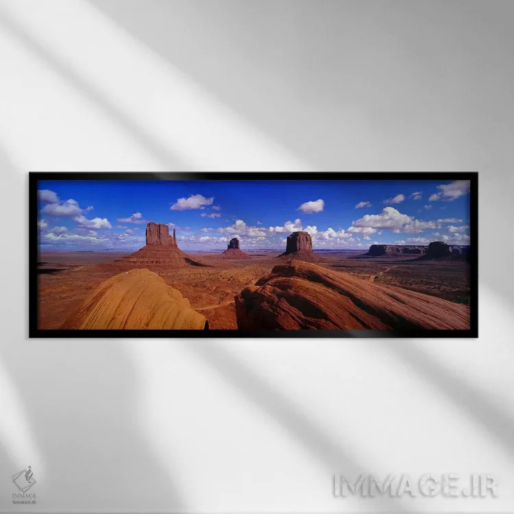 تابلو Monument Valley, Navajo Nation, Arizona, USA,صخرههای میتنز و مریک بات، دره یادبود، ملت ناواهو، آریزونا، ایالات متحده آمریکا اثر پانورامیک ایمجز (استودیو عکاسی عریض) - نمای قابدار مشکی