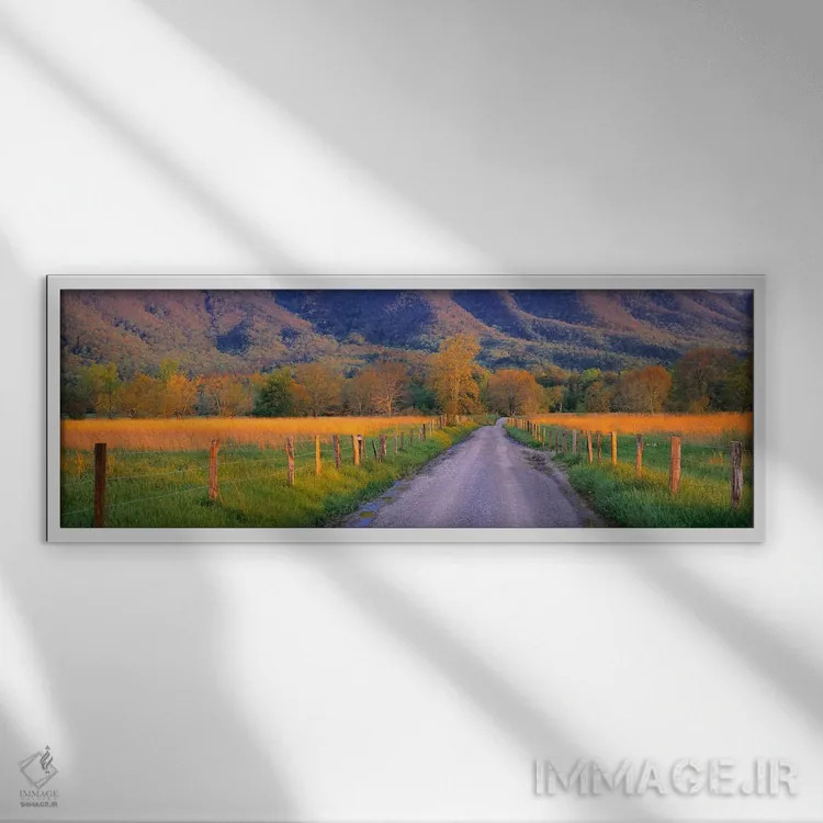 تابلو Cades Cove, Great Smoky Mountains National Park, Tennessee, USA,جاده در هنگام غروب، کیدز کوو، پارک ملی کوهستانهای اسموکی، تنسی، ایالات متحده آمریکا اثر پانورامیک ایمجز (استودیو عکاسی عریض) - نمای قابدار سفید