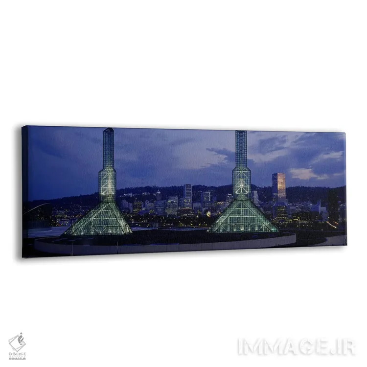 تابلو Portland, Oregon, USA,برجهای روشن در غروب، مرکز همایش، پورتلند، اورگن، ایالات متحده آمریکا اثر پانورامیک ایمجز (استودیو عکاسی عریض) - نمای پرسپکتیو محصول