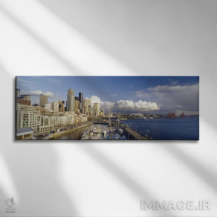 تابلو Seattle, Washington State, USA,نمای زاویه بالا از قایقهای پهلوگرفته در بندر، سیاتل، ایالت واشنگتن، ایالات متحده آمریکا اثر پانورامیک ایمجز (استودیو عکاسی عریض) - نمای روبهرو روی دیوار