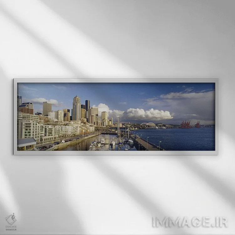 تابلو Seattle, Washington State, USA,نمای زاویه بالا از قایقهای پهلوگرفته در بندر، سیاتل، ایالت واشنگتن، ایالات متحده آمریکا اثر پانورامیک ایمجز (استودیو عکاسی عریض) - نمای قابدار سفید
