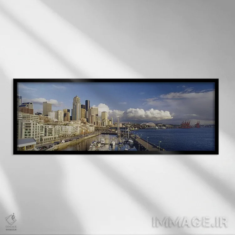 تابلو Seattle, Washington State, USA,نمای زاویه بالا از قایقهای پهلوگرفته در بندر، سیاتل، ایالت واشنگتن، ایالات متحده آمریکا اثر پانورامیک ایمجز (استودیو عکاسی عریض) - نمای قابدار مشکی