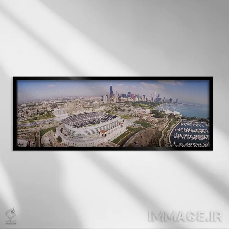 تابلو Soldier Field, Chicago, Illinois, USA #2,نمای هوایی ورزشگاه، سولجر فیلد، شیکاگو، ایلینوی، ایالات متحده آمریکا شماره ۲ اثر پانورامیک ایمجز (استودیو عکاسی عریض) - نمای قابدار مشکی
