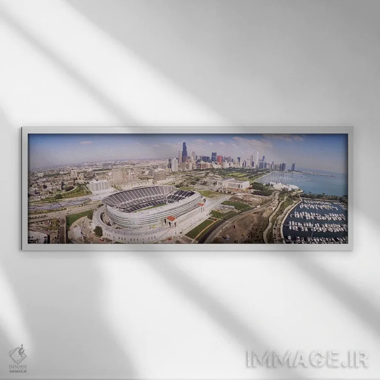 تابلو Soldier Field, Chicago, Illinois, USA #2,نمای هوایی ورزشگاه، سولجر فیلد، شیکاگو، ایلینوی، ایالات متحده آمریکا شماره ۲ اثر پانورامیک ایمجز (استودیو عکاسی عریض) - نمای قابدار سفید