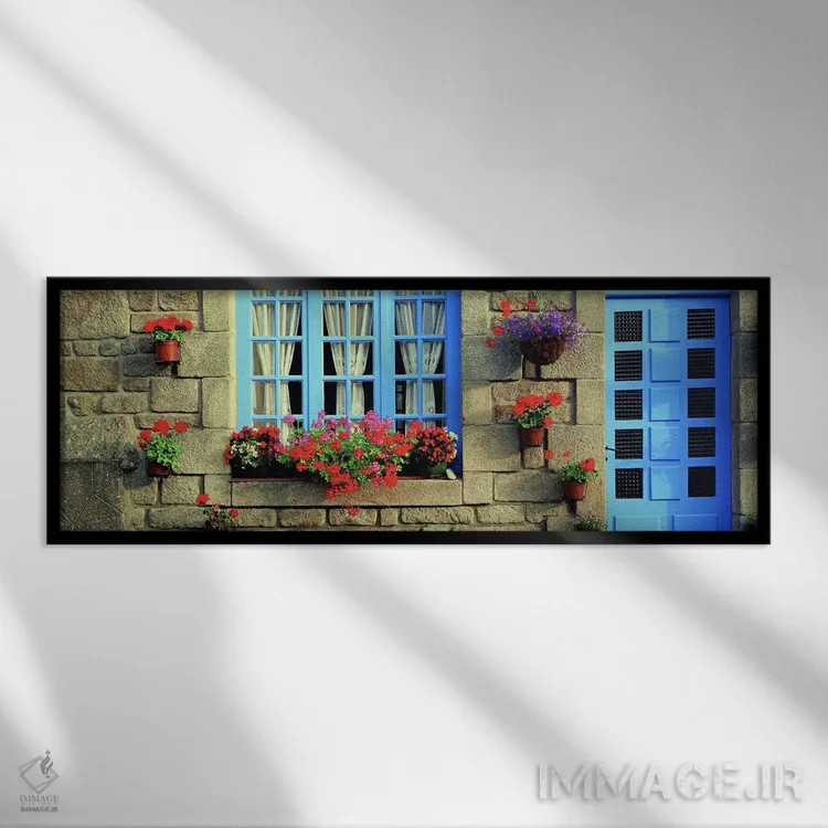 تابلو Locronan, Brittany, France,نمای پر از گل، لوکرونان، بریتنی، فرانسه اثر پانورامیک ایمجز (استودیو عکاسی عریض) - نمای قابدار مشکی