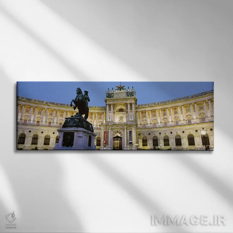 تابلو Austrian National Library (Osterreichische Nationalbibliothek), Hofburg, Vienna, Austria,نمای نورانی، کتابخانه ملی اتریش (Österreichische Nationalbibliothek)، هوفبورگ، وین، اتریش اثر پانورامیک ایمجز (استودیو عکاسی عریض) - نمای روبهرو روی دیوار