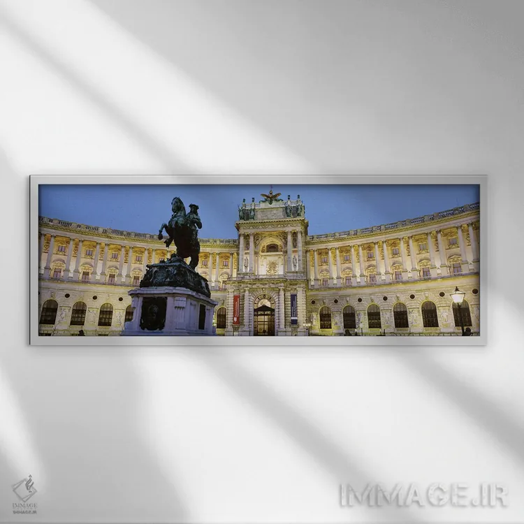 تابلو Austrian National Library (Osterreichische Nationalbibliothek), Hofburg, Vienna, Austria,نمای نورانی، کتابخانه ملی اتریش (Österreichische Nationalbibliothek)، هوفبورگ، وین، اتریش اثر پانورامیک ایمجز (استودیو عکاسی عریض) - نمای قابدار سفید