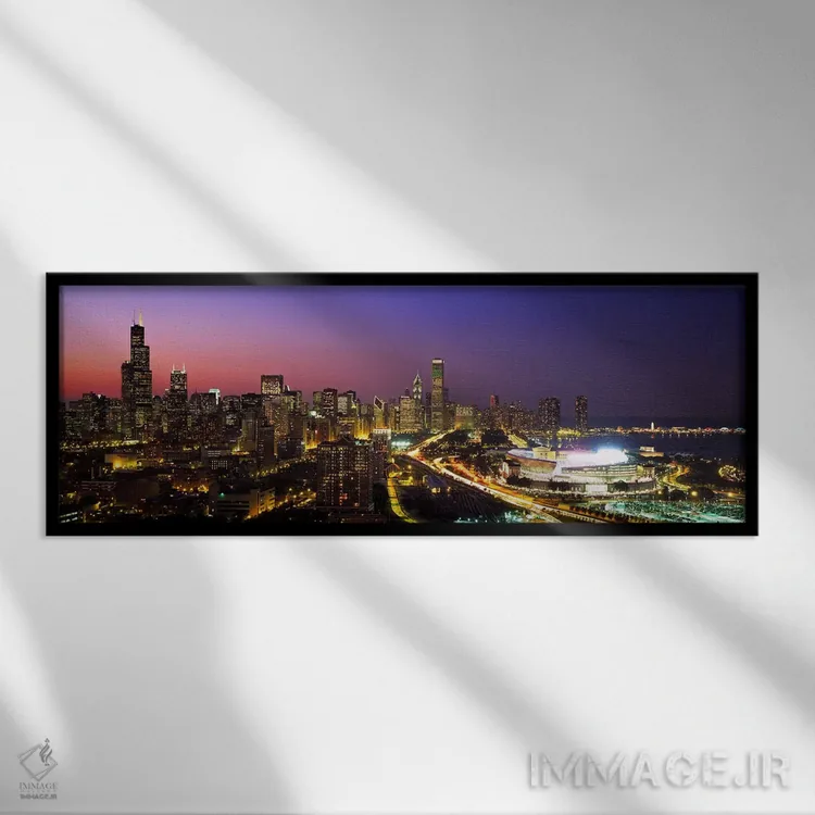 تابلو Chicago, Cook County, Illinois, USA,نمای شبانه آسمانخراشهای مرکز شهر، شیکاگو، شهرستان کوک، ایلینوی اثر پانورامیک ایمجز (استودیو عکاسی عریض) - نمای قابدار مشکی