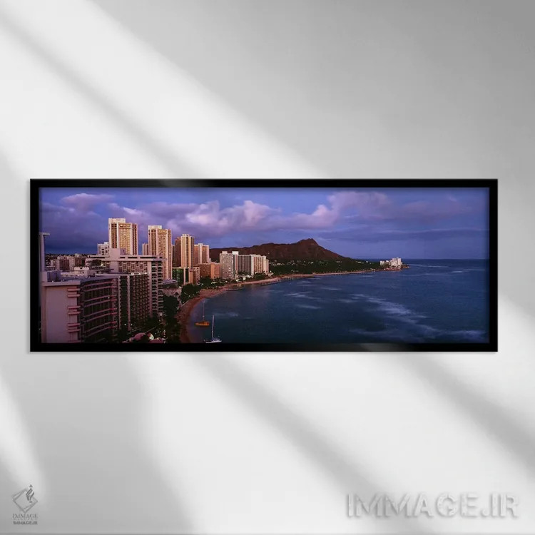 تابلو Waikiki Beach, Oahu, Honolulu, Hawaii, USA,نمای زاویه بالا از ساختمانهای ساحلی، ساحل وایکیکی، اوآهو، هونولولو، هاوایی اثر پانورامیک ایمجز (استودیو عکاسی عریض) - نمای قابدار مشکی