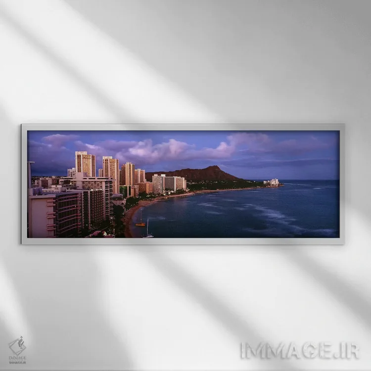 تابلو Waikiki Beach, Oahu, Honolulu, Hawaii, USA,نمای زاویه بالا از ساختمانهای ساحلی، ساحل وایکیکی، اوآهو، هونولولو، هاوایی اثر پانورامیک ایمجز (استودیو عکاسی عریض) - نمای قابدار سفید