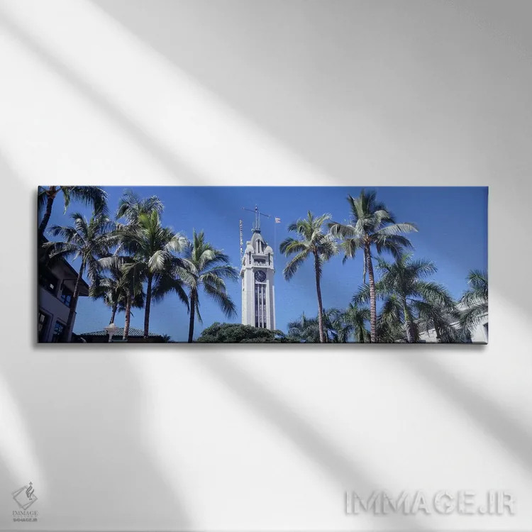 تابلو Aloha Tower, Oahu, Honolulu, Hawaii, USA,نمای زاویه پایین از یک برج، برج آلوها، اوآهو، هونولولو، هاوایی اثر پانورامیک ایمجز (استودیو عکاسی عریض) - نمای روبهرو روی دیوار