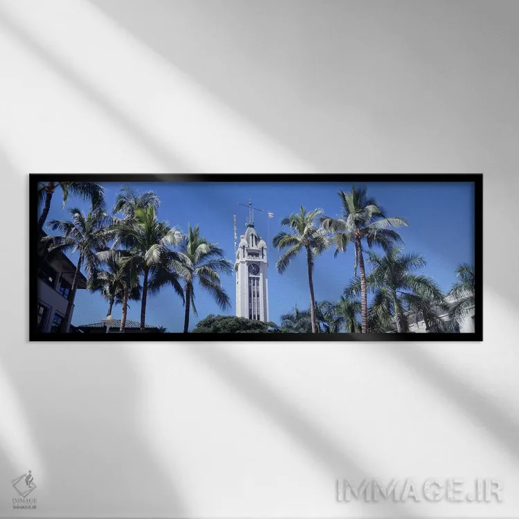 تابلو Aloha Tower, Oahu, Honolulu, Hawaii, USA,نمای زاویه پایین از یک برج، برج آلوها، اوآهو، هونولولو، هاوایی اثر پانورامیک ایمجز (استودیو عکاسی عریض) - نمای قابدار مشکی