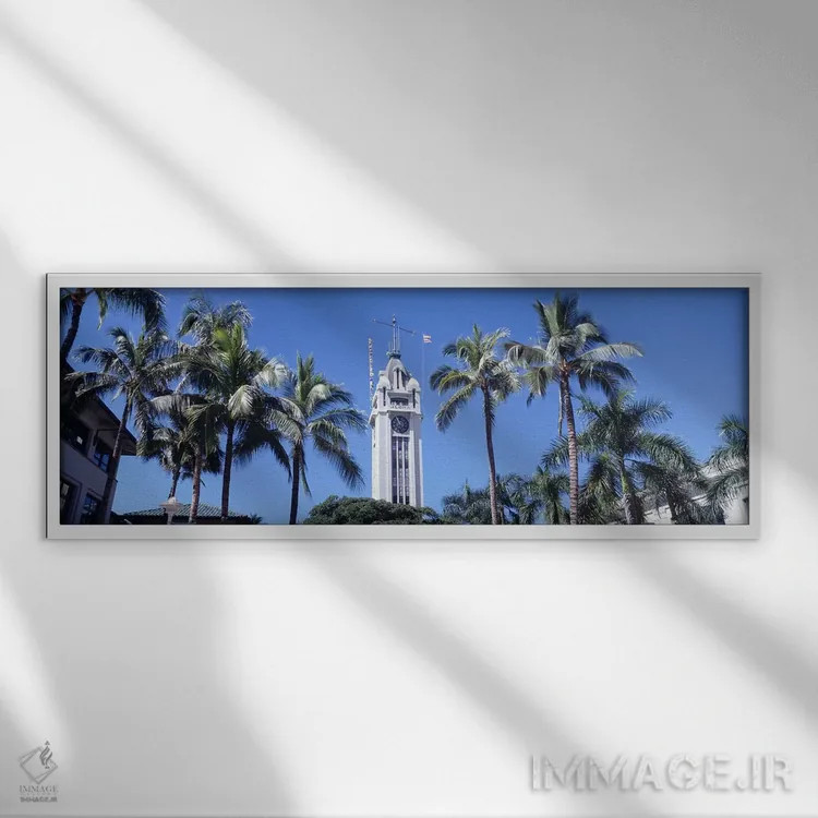 تابلو Aloha Tower, Oahu, Honolulu, Hawaii, USA,نمای زاویه پایین از یک برج، برج آلوها، اوآهو، هونولولو، هاوایی اثر پانورامیک ایمجز (استودیو عکاسی عریض) - نمای قابدار سفید