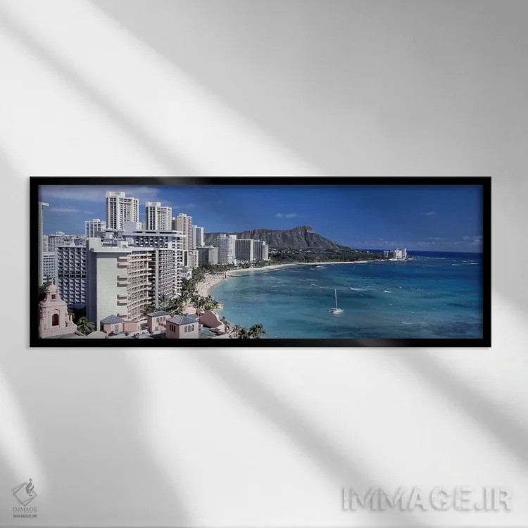 تابلو Waikiki Beach, Honolulu, Oahu, Maui, Hawaii, USA,ساختمانهای کنار آب، ساحل وایکیکی، هونولولو، اوآهو، مائوئی، هاوایی اثر پانورامیک ایمجز (استودیو عکاسی عریض) - نمای قابدار مشکی