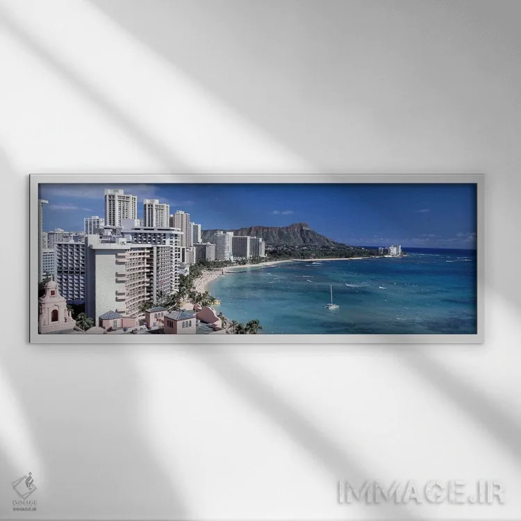 تابلو Waikiki Beach, Honolulu, Oahu, Maui, Hawaii, USA,ساختمانهای کنار آب، ساحل وایکیکی، هونولولو، اوآهو، مائوئی، هاوایی اثر پانورامیک ایمجز (استودیو عکاسی عریض) - نمای قابدار سفید