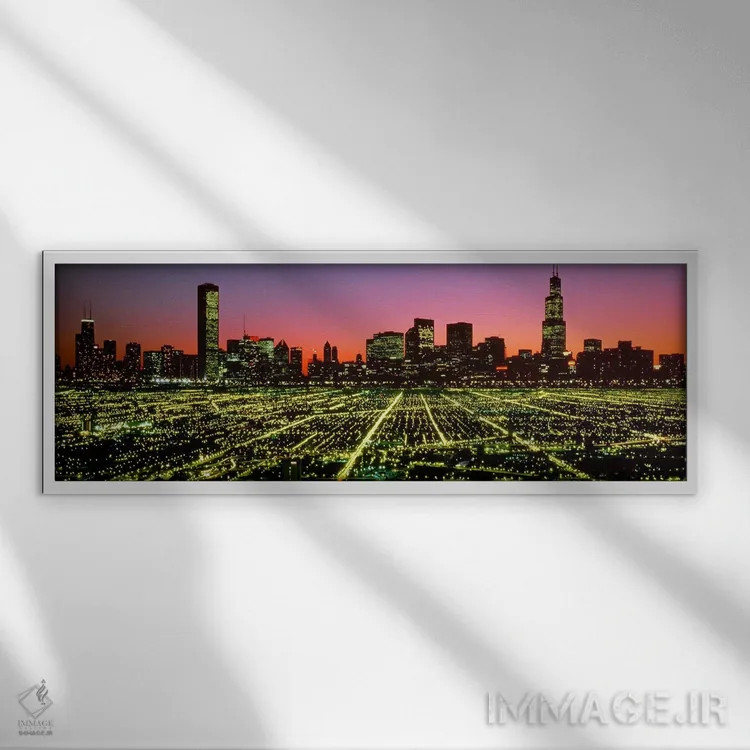 تابلو Illinois, Chicago, High angle view of the city at night,ایالات متحده، ایلینوی، شیکاگو، نمای زاویه بالا از شهر در شب اثر پانورامیک ایمجز (استودیو عکاسی عریض) - نمای قابدار سفید