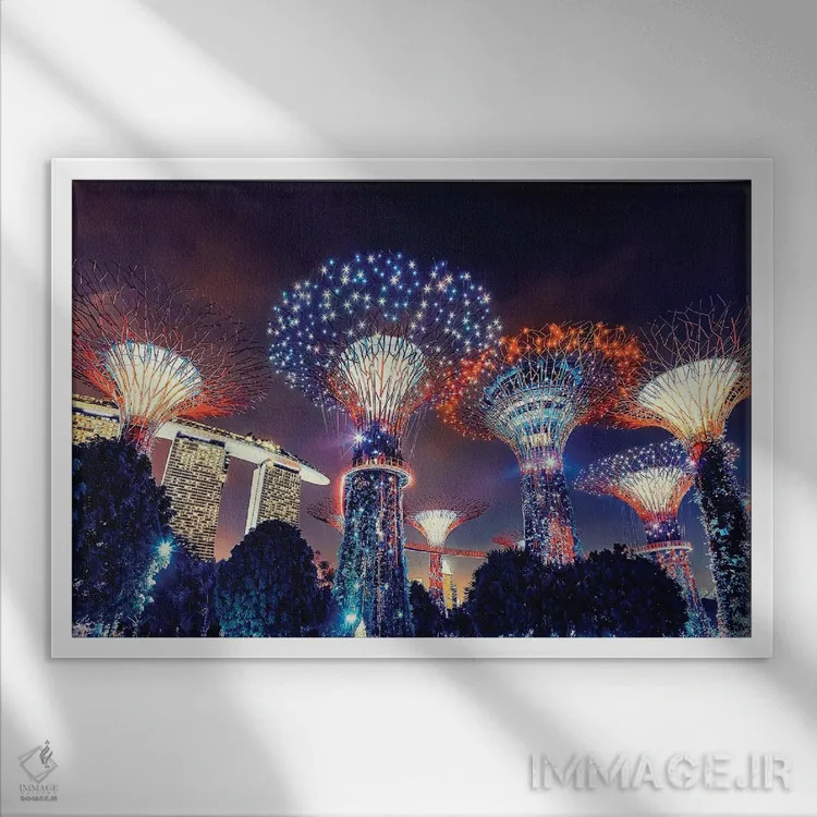 تابلو سنگاپور در شب اثر مانجیک پیکچرز (استودیو عکاسی یا فیلمسازی) - نمای قابدار سفید