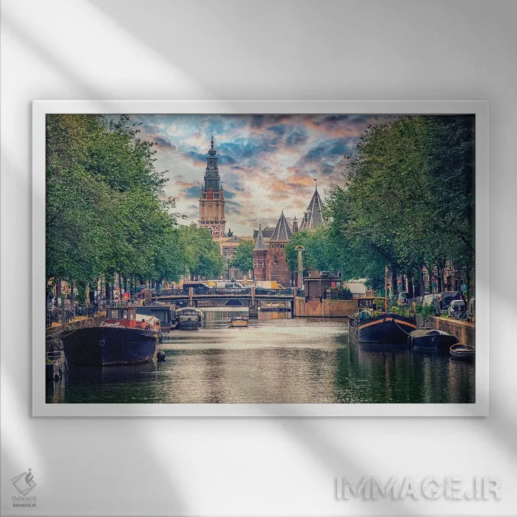 تابلو غروب آمستردام اثر مانجیک پیکچرز (استودیو عکاسی یا فیلمسازی) - نمای قابدار سفید