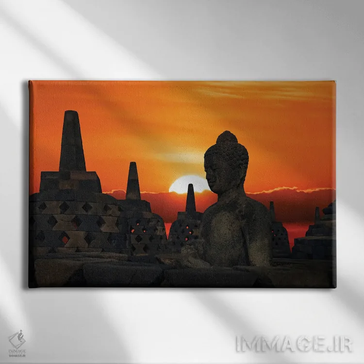 تابلو غروب معبد بوروبودور اثر مانجیک پیکچرز (استودیو عکاسی یا فیلمسازی) - نمای روبهرو روی دیوار