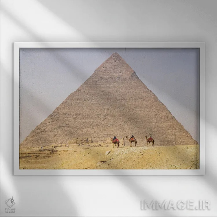 تابلو Cairo, Egypt. Men On Camels At The Great Pyramid Complex.,جیزه، قاهره، مصر. مردان سوار بر شتر در مجموعه اهرام بزرگ اثر امیلی ام ویلسون - نمای قابدار سفید