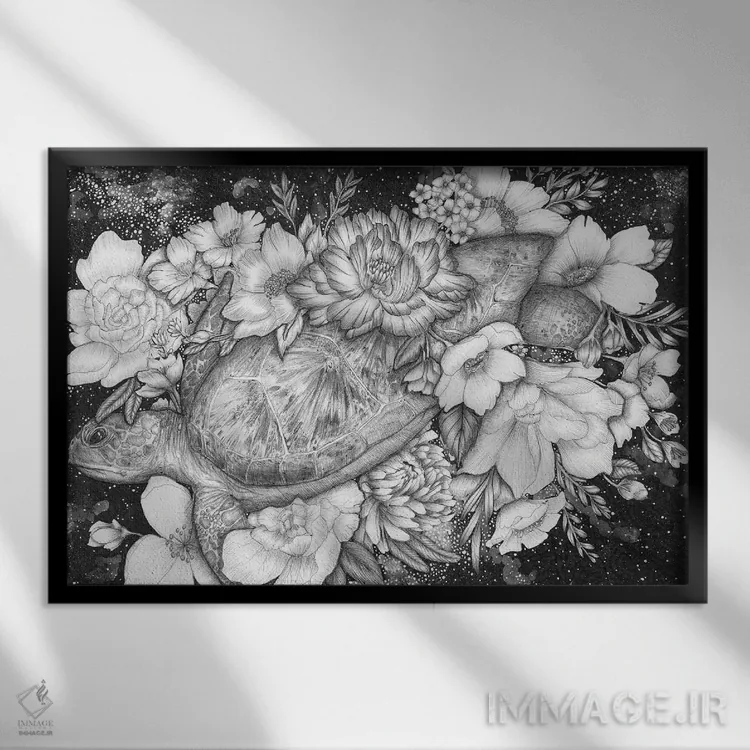 تابلو لاکپشت دریایی اقیانوس جادویی اثر الا مازور - نمای قابدار مشکی