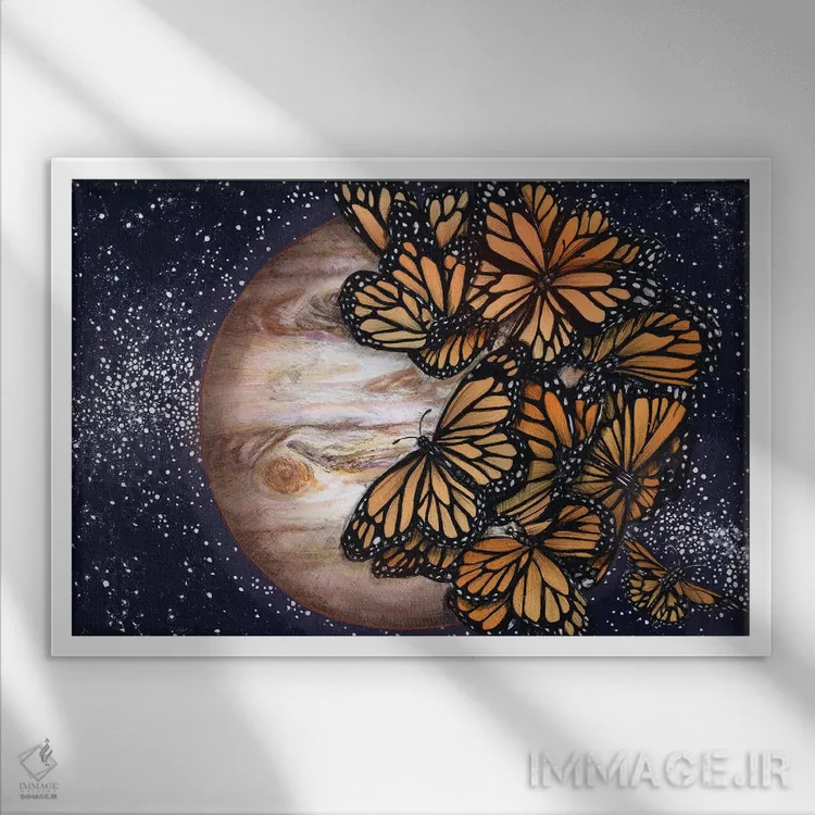 تابلو پروانههای مشتری (نگارش رنگی) اثر الا مازور - نمای قابدار سفید