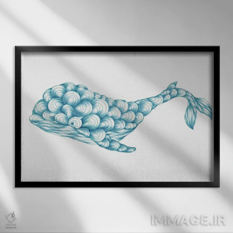 تابلو نهنگ فیروزهای اثر الا مازور - نمای قابدار مشکی