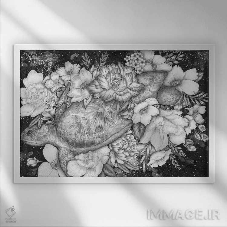 تابلو لاکپشت دریایی اقیانوس جادویی اثر الا مازور - نمای قابدار سفید