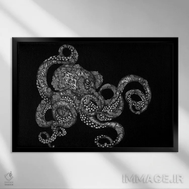 تابلو هشتپای صدفی در سیاهی اثر الا مازور - نمای قابدار مشکی