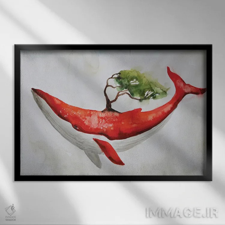 تابلو نهنگ قرمز و درخت اثر اوگنیا اسمیرنوا - نمای قابدار مشکی