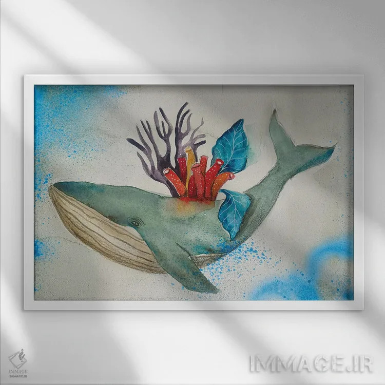 تابلو نهنگ با مرجانها اثر اوگنیا اسمیرنوا - نمای قابدار سفید
