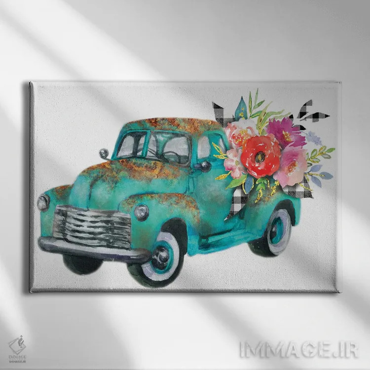تابلو کامیون گل فیروزهای بهاری اثر افرازی گرافیکز (استودیو طراحی) - نمای روبهرو روی دیوار