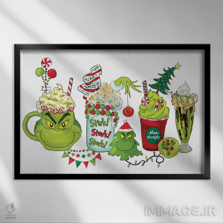 تابلو لاته گرینچ (شخصیت کریسمسی) اثر افرازی گرافیکز (استودیو طراحی) - نمای قابدار مشکی