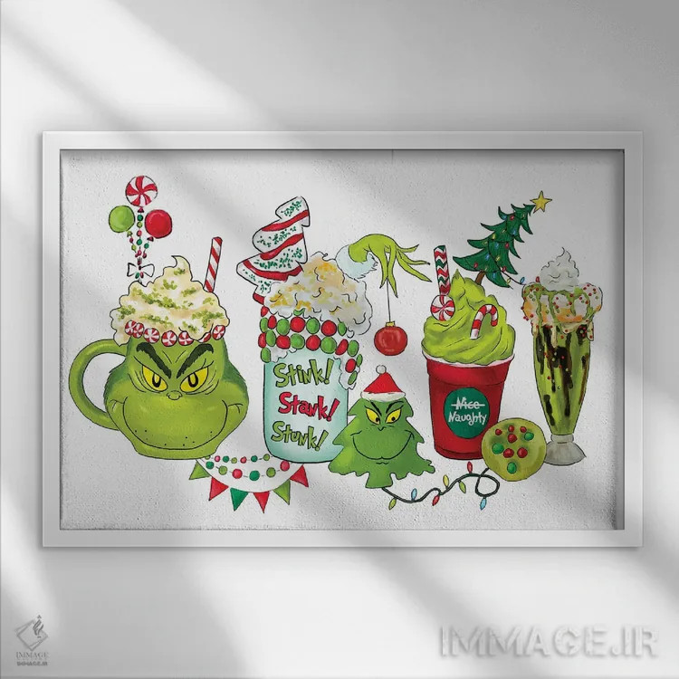 تابلو لاته گرینچ (شخصیت کریسمسی) اثر افرازی گرافیکز (استودیو طراحی) - نمای قابدار سفید