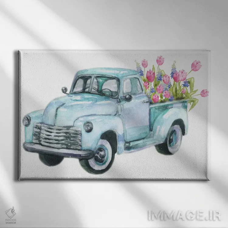 تابلو کامیون آبی فیروزهای با گل بهاری اثر افرازی گرافیکز (استودیو طراحی) - نمای روبهرو روی دیوار