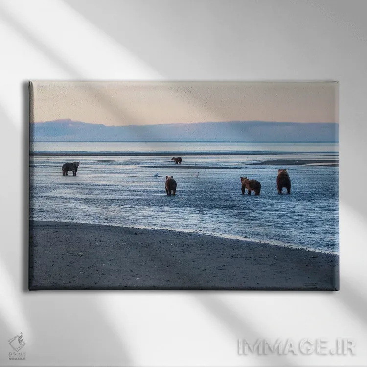 تابلو خرسها در حال ماهیگیری اثر اریک فیشر - نمای روبهرو روی دیوار