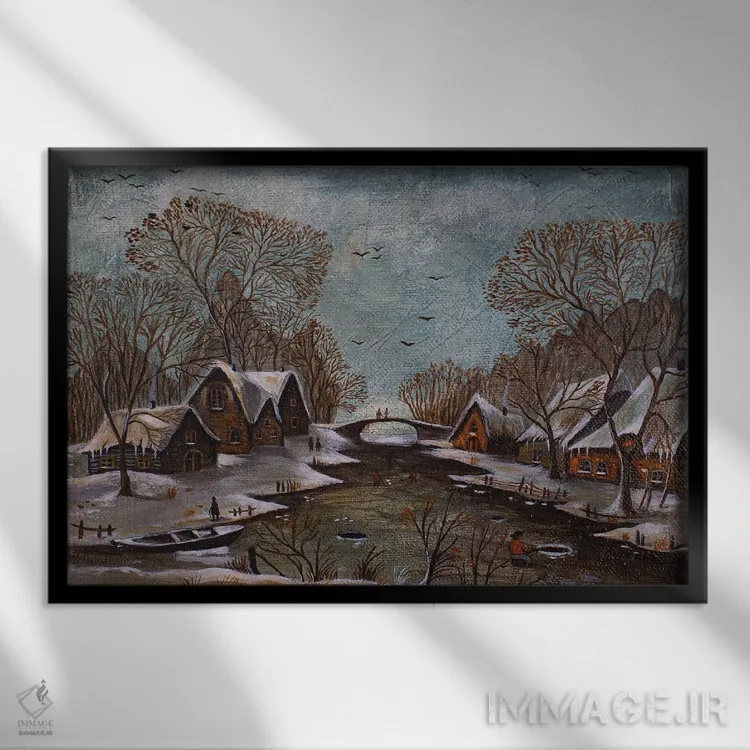 تابلو خانههای کنار رودخانه اثر اوگنیا روسلیک - نمای قابدار مشکی