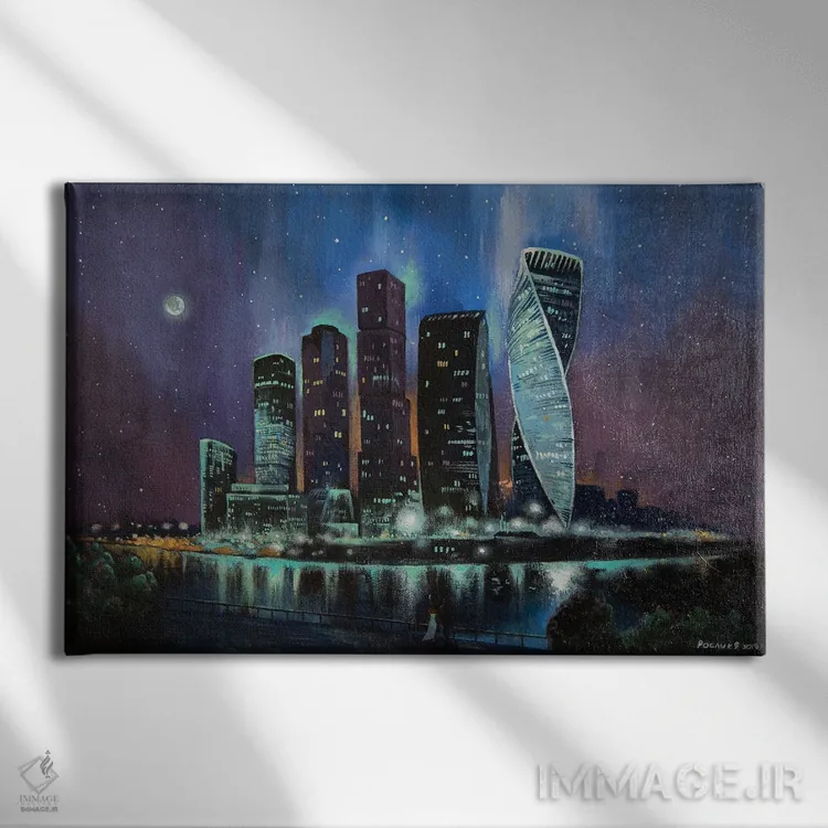 تابلو شهر شبانه اثر اوگنیا روسلیک - نمای روبهرو روی دیوار