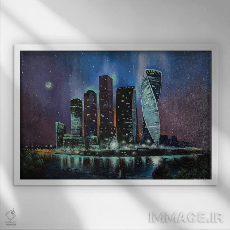 تابلو شهر شبانه اثر اوگنیا روسلیک - نمای قابدار سفید