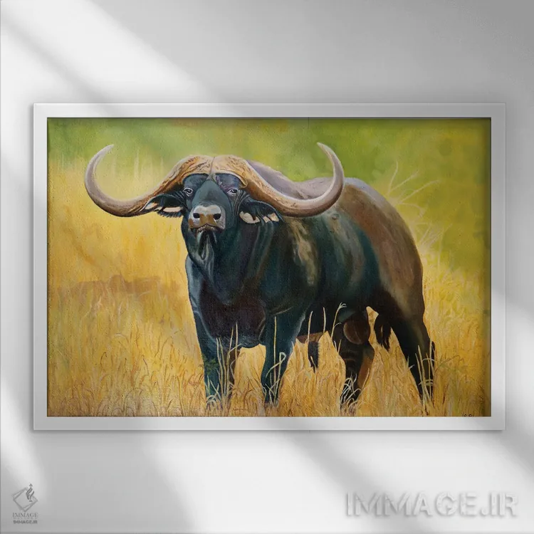 تابلو گاو کوهاندار آمریکایی اثر اوگنیا روسلیک - نمای قابدار سفید