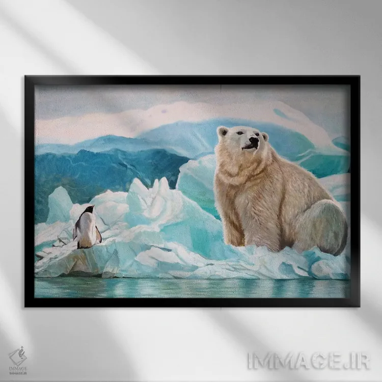 تابلو خرس قطبی و پنگوئن اثر اوگنیا روسلیک - نمای قابدار مشکی