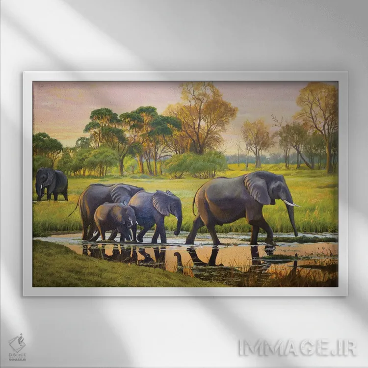 تابلو فیلها در غروب اثر اوگنیا روسلیک - نمای قابدار سفید