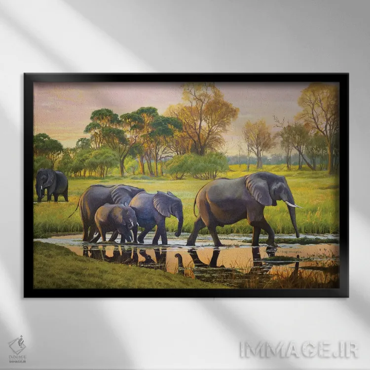 تابلو فیلها در غروب اثر اوگنیا روسلیک - نمای قابدار مشکی