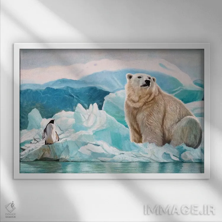 تابلو خرس قطبی و پنگوئن اثر اوگنیا روسلیک - نمای قابدار سفید
